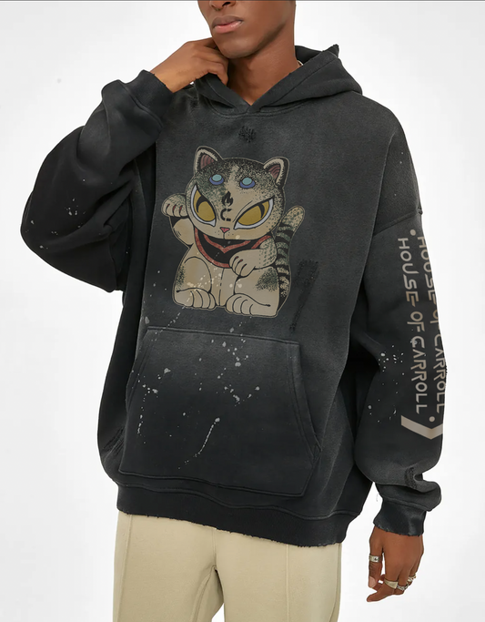 LUCKY CAT #5: Vintage Washed Frayed Fleece Hoodie